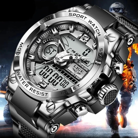 LIGE Men Military Watch Digital 50m Waterproof Wristwatch LED Quartz Clock Sport Watch